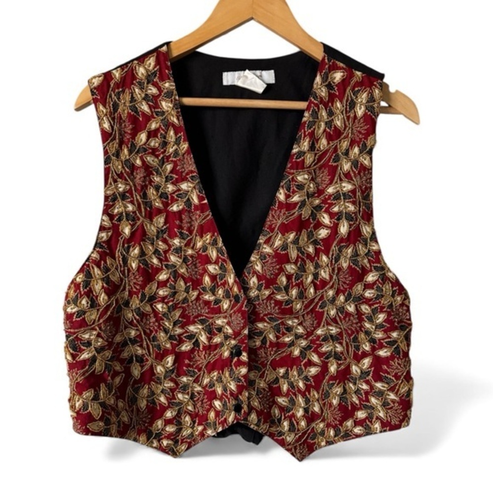 Ellen Ashley Beaded Floral Vest L Red‎ Black Gold Holiday Boho Vintage Style